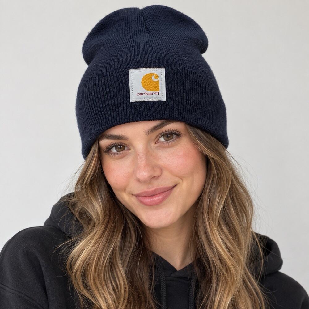 Carhartt Navy Blue Knit Beanie Hat Logo Patch Slouch Skull Cap Workwear